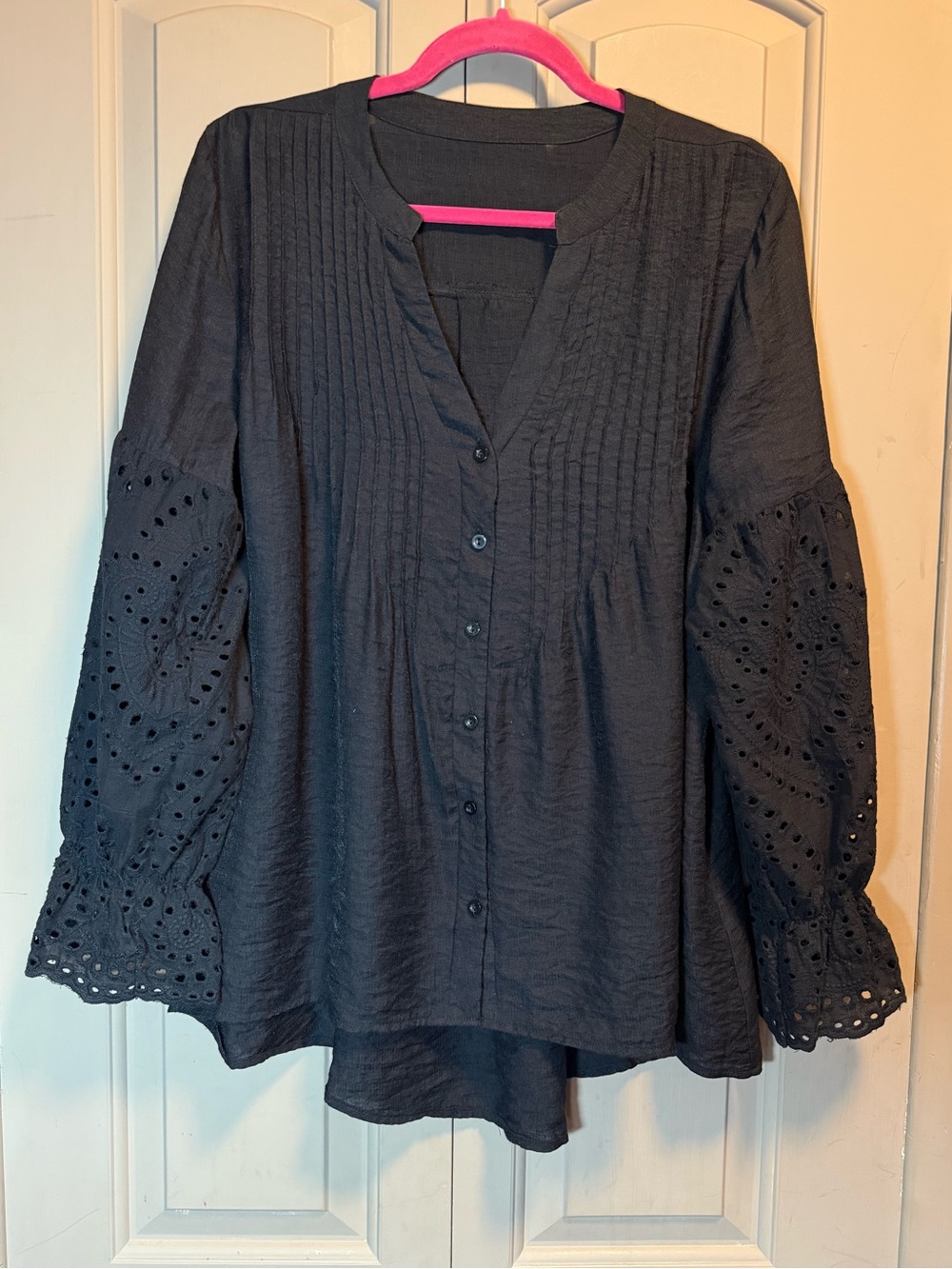 Black Eyelet Sleeve Button-Front Women's Top